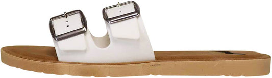 Women’s Two Buckle Slide Sandals White Contoured Footbed Sizes 5 To 10 - The Sensory