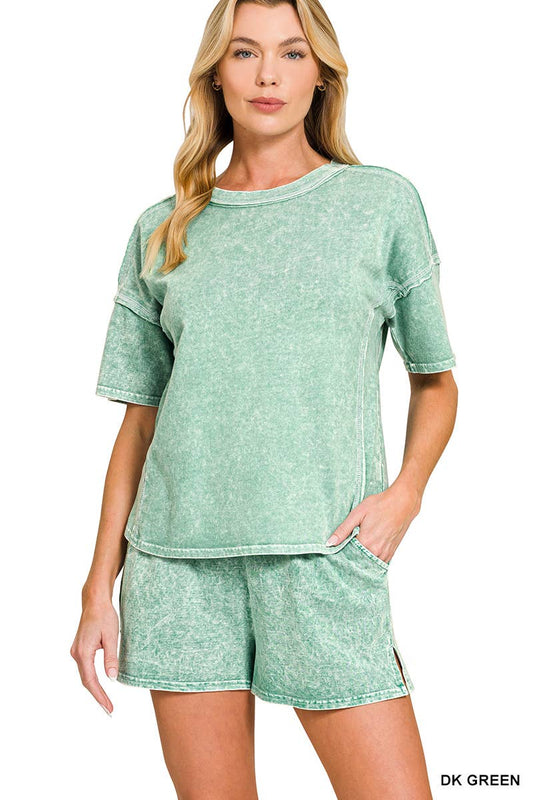 Short Sleeve Tee And Shorts Set | Stone Washed Green - The Sensory