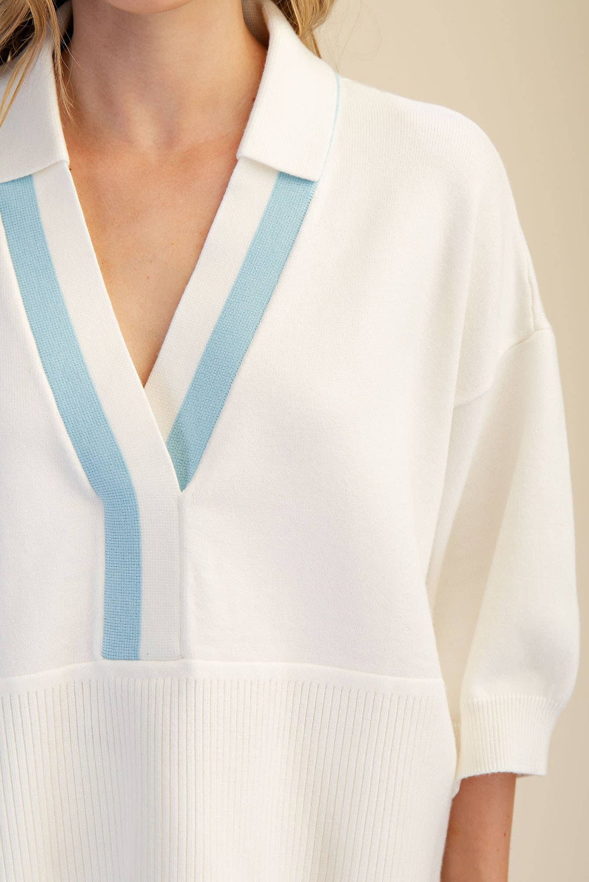 Springs Sweater With Collar And Blue Contrast Trim For Modest Look Loose Fit Dropped Shoulder - The Sensory