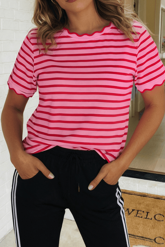 Scallop Trimmed Striped Blouse - The Sensory