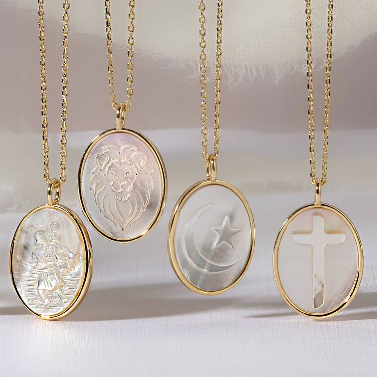 Pendant Necklace Lion Etched Shell Oval Symbol Of Courage For Women Faith Based