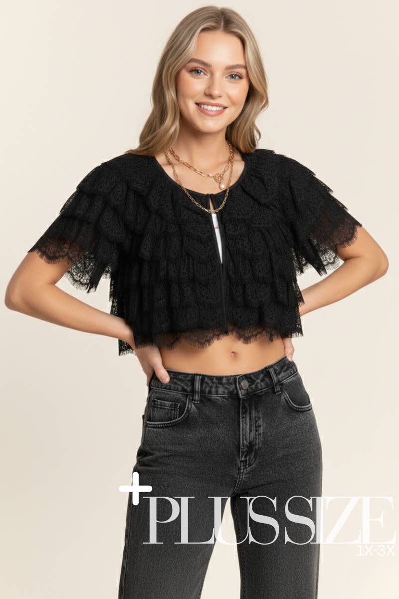 Cardigan With Tiered Lace Cropped Eyelash Fringe Front Tie Modest Fashion - The Sensory