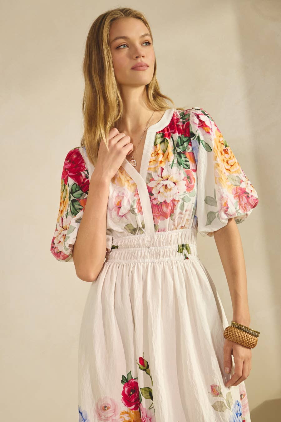 Floral Midi Dress - Short Sleeves, Fitted Waist, Flared Skirt- Modest Apparel - The Sensory