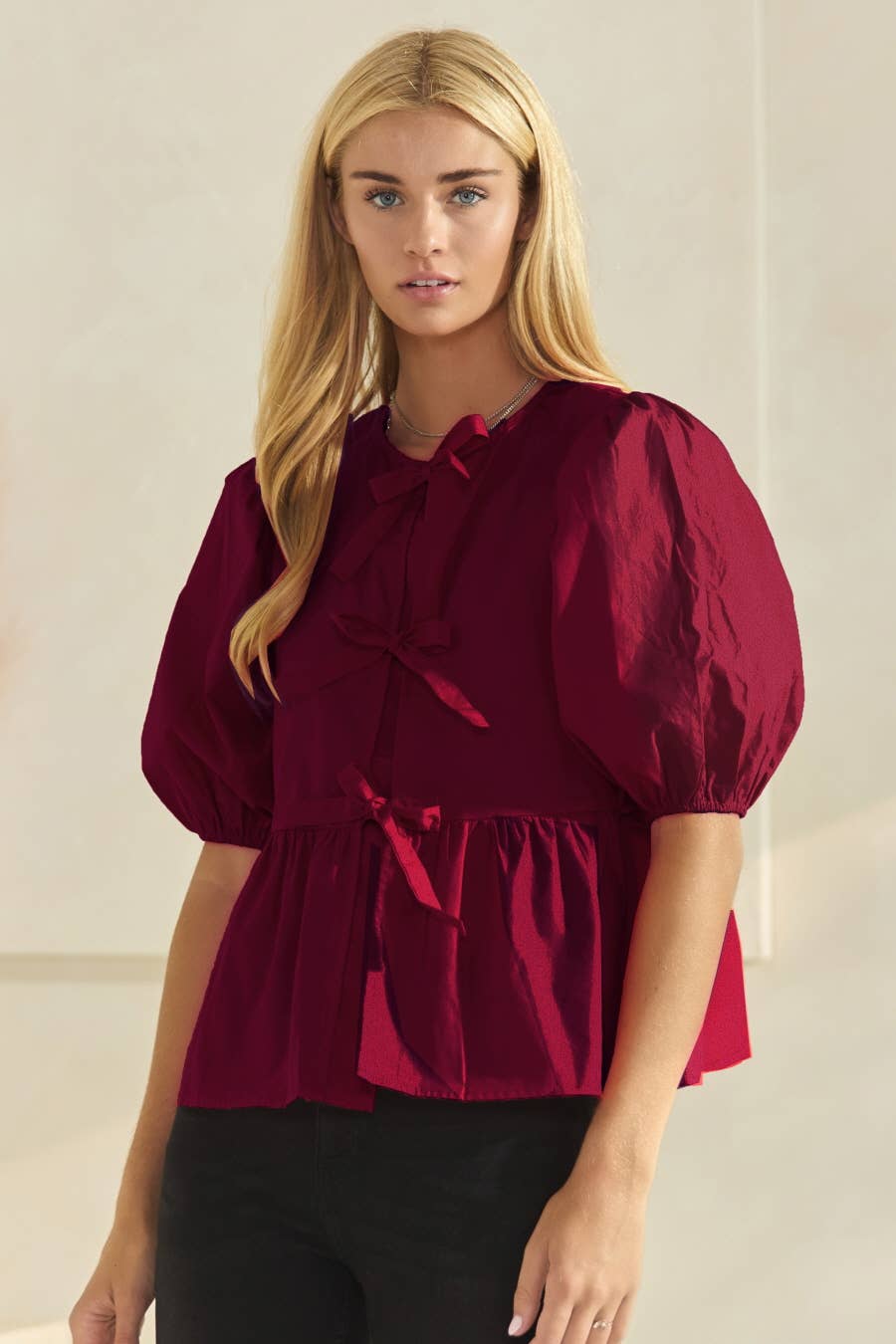 Poplin Front Tie Ribbon Peplum, Modest Puff Sleeve - The Sensory