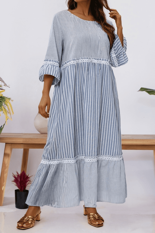 Shift Dress With Stripe Crisscross Lace Patch S-3X - The Sensory