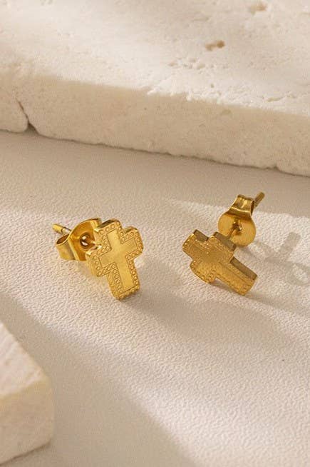 Cross heart stud earrings in 18K gold finish - The Sensory