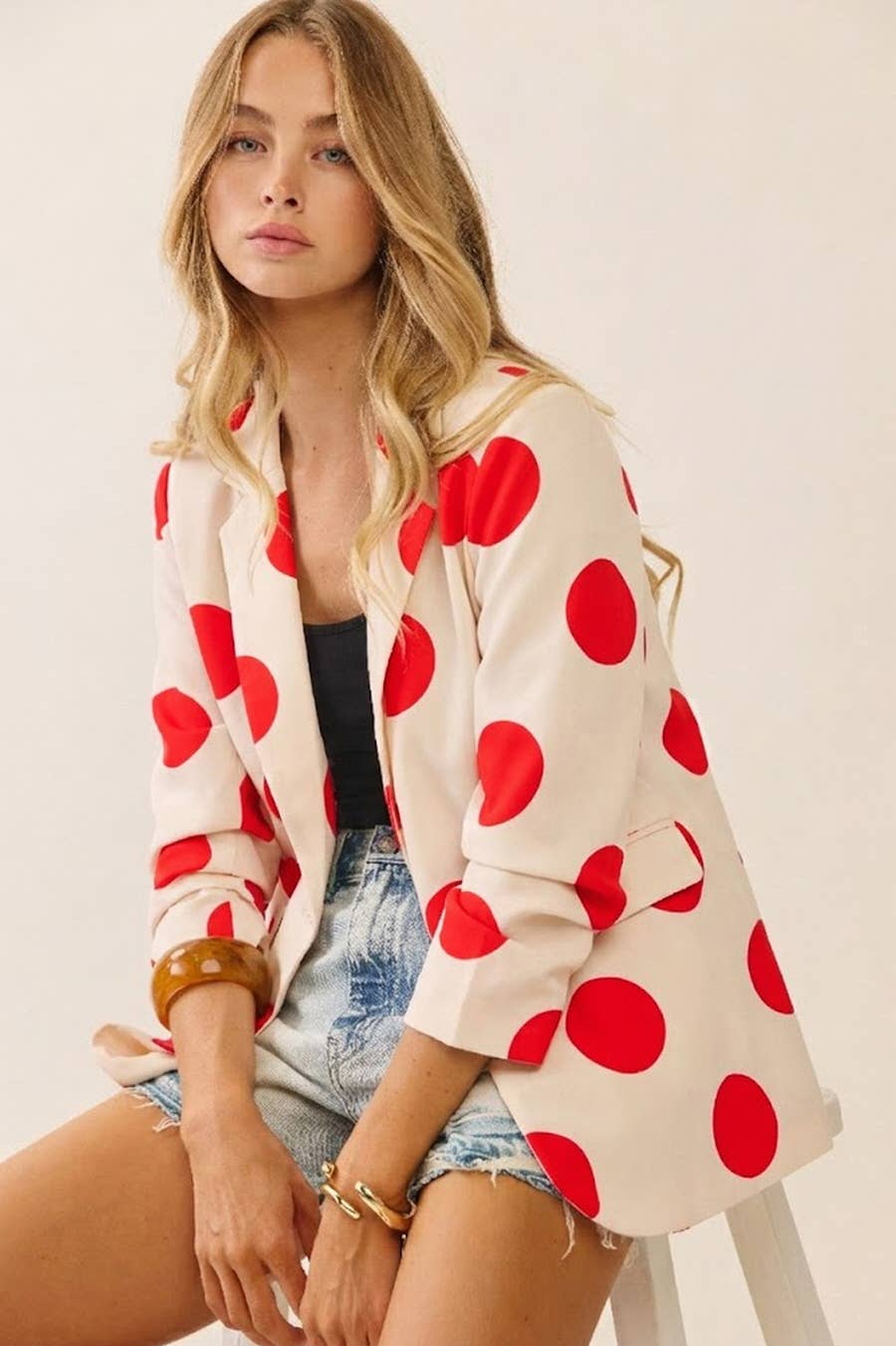 Cropped Blazer With Polka Dot Pattern, Notched Collar, Scrunched Sleeves - The Sensory