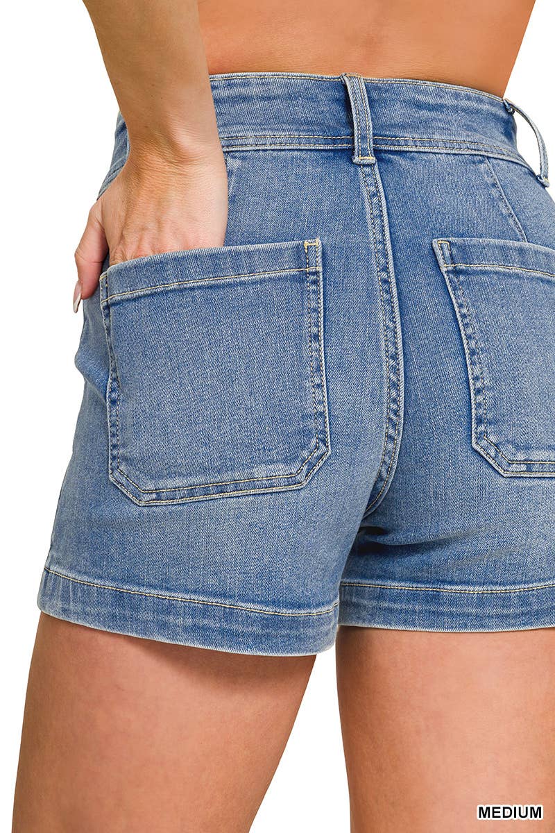 Utility pocket stretch denim shorts in medium wash - The Sensory