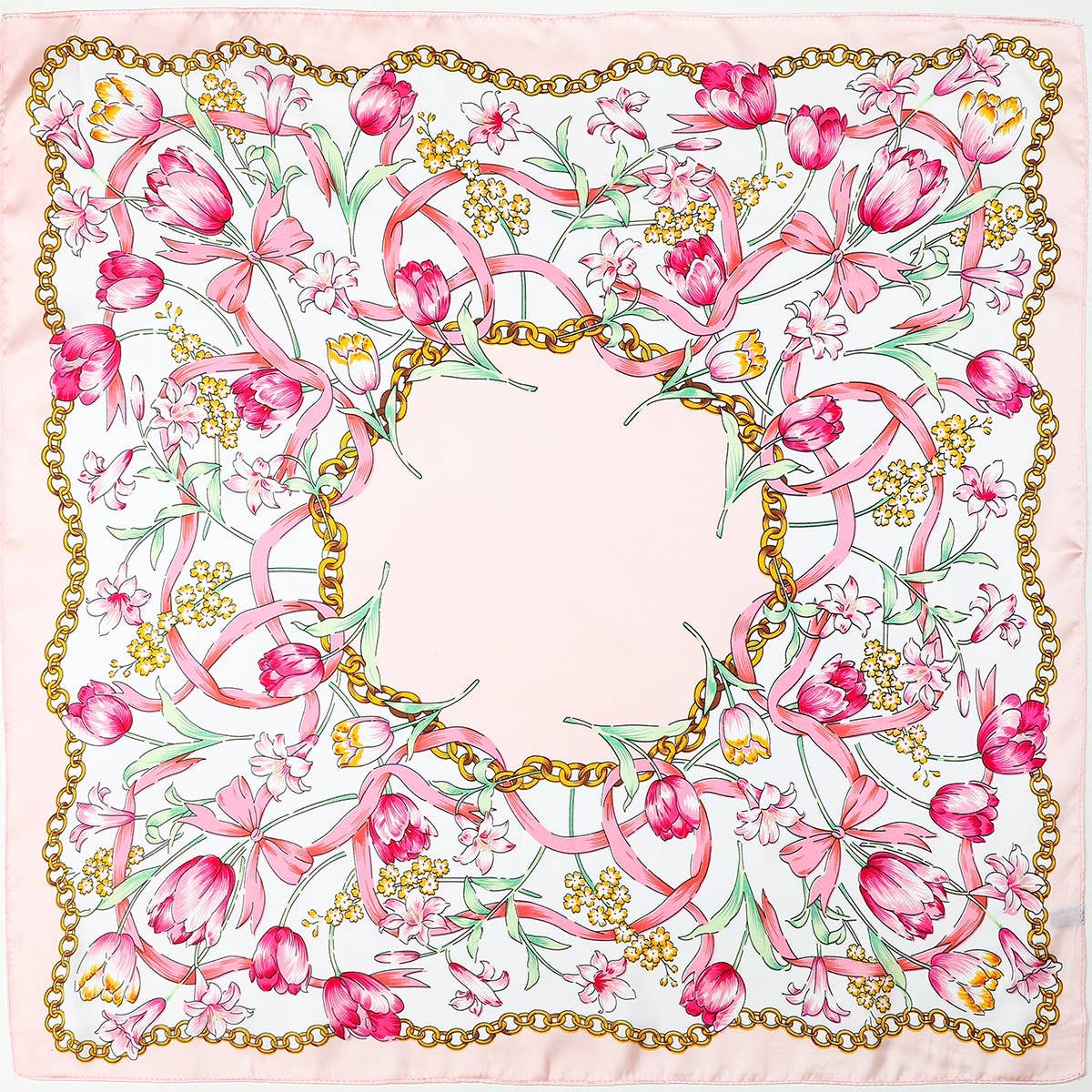 Scarf Floral Print Silk Finish With Blush Pink And Gold Chain Border - The Sensory