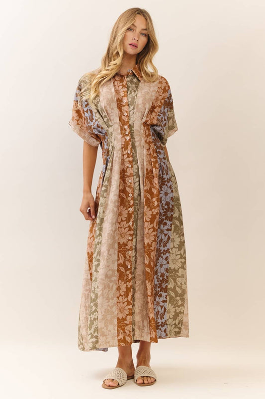 Midi Dress Modest Mixed Floral Print With Button Front Collar Relaxed Fit