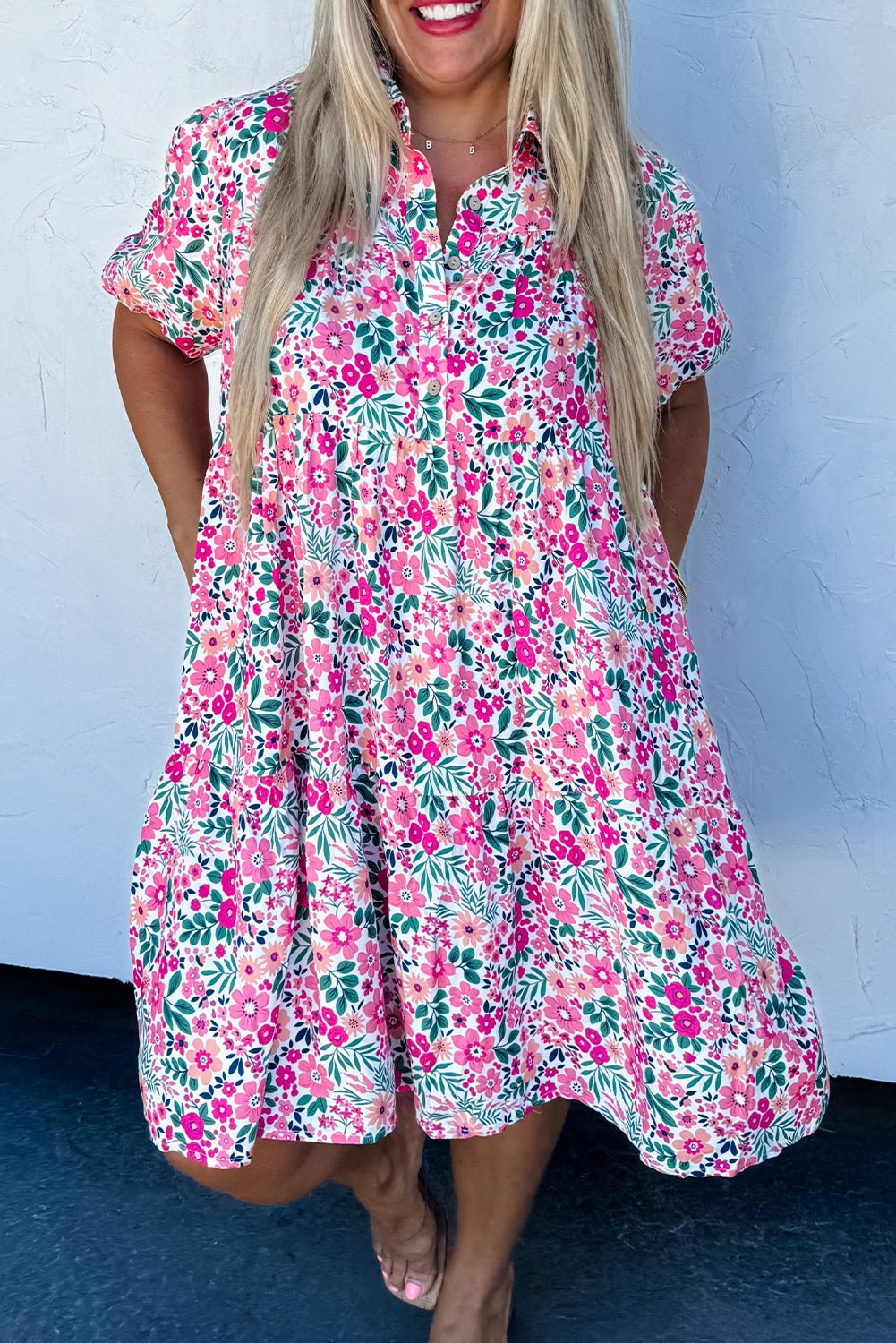 Plus Size Pink Floral Half Button Puff Sleeve A-Line Dress - The Sensory