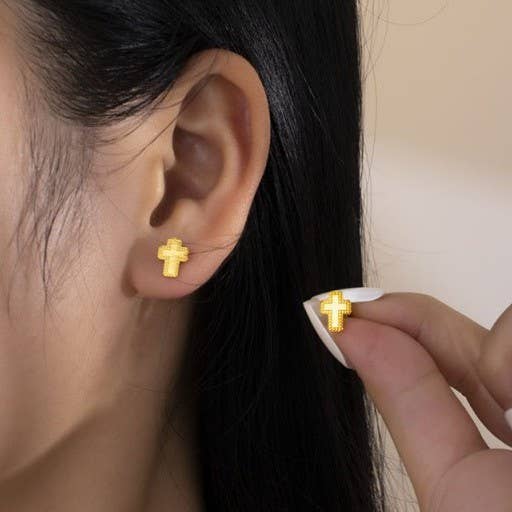 Cross Heart Stud Earrings 18K Gold Finish Tarnish Free Waterproof Faith Based