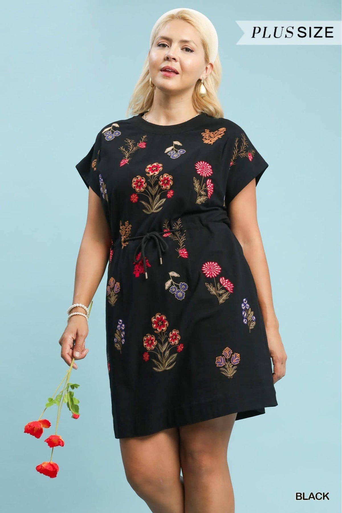 Plus Size Modest Dress Embroidered Multicolor Floral Mini With Waist Tie - The Sensory
