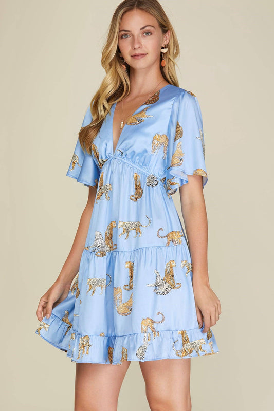 Tiger Print Satin Dress With Flutter Sleeve Tiered - Classy!
