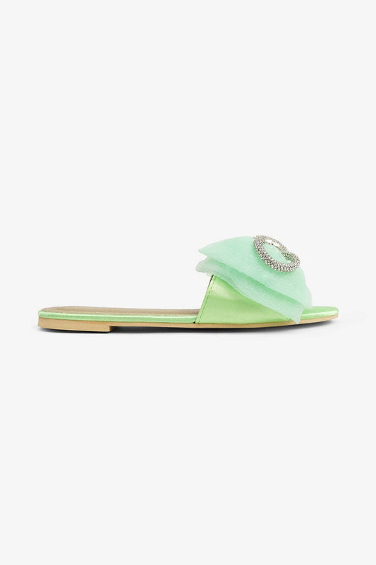 Spring Green/ Bow Accent Sandals With Rhinestones- Slip On/ Flat - The Sensory