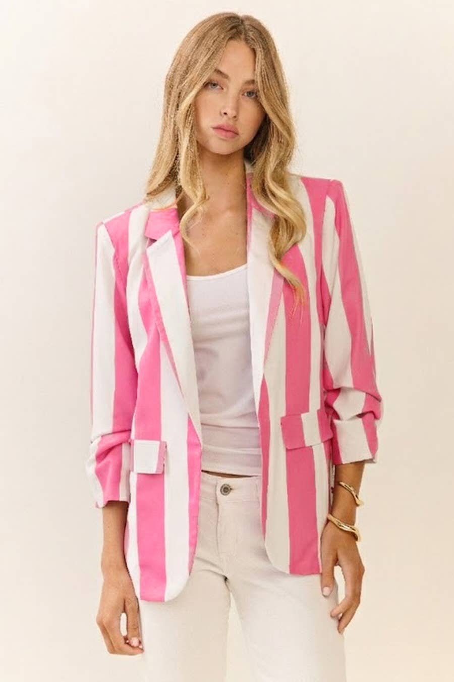 Blazer With Vertical Stripe Ruched Sleeves Patch Pockets For Modest Fashion - The Sensory