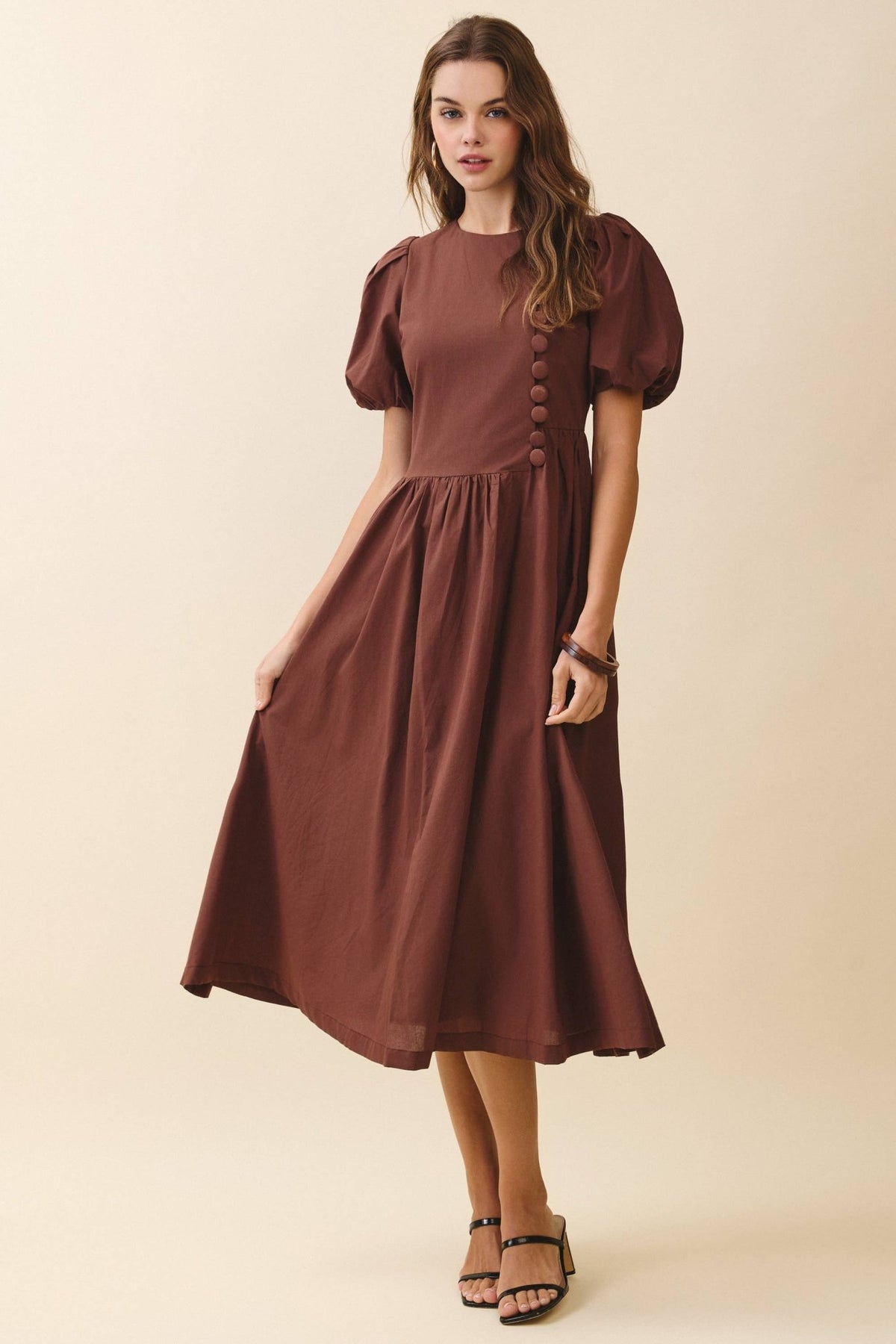 Puff Sleeve Midi Dress - The Sensory Modest Round-Neck Faux Button Front - The Sensory