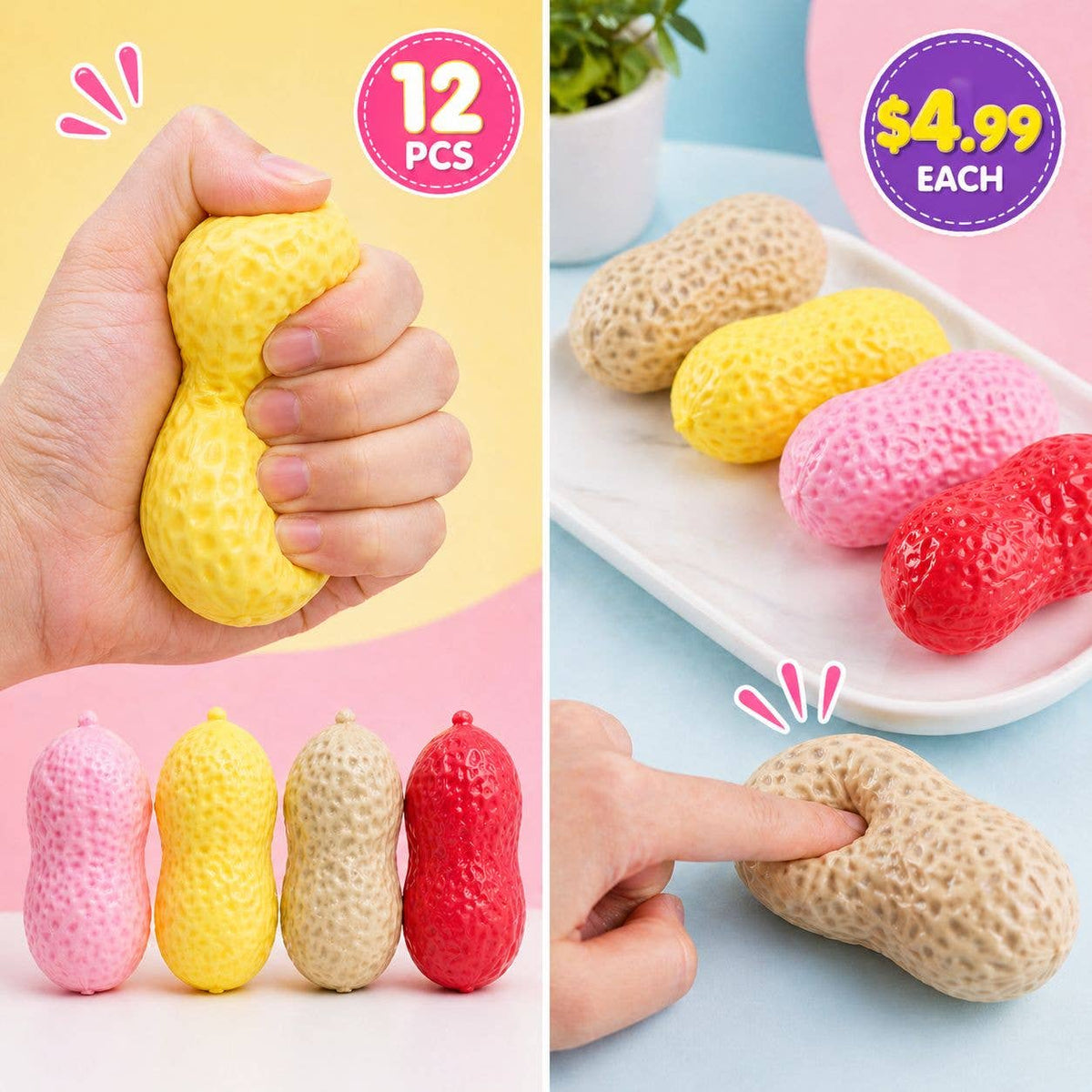 Peanut squishy soft stress toy, slow rise squeeze toy