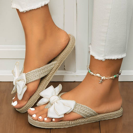 Flip Flops With Stitched Bow Decor – Straw-Woven - The Sensory