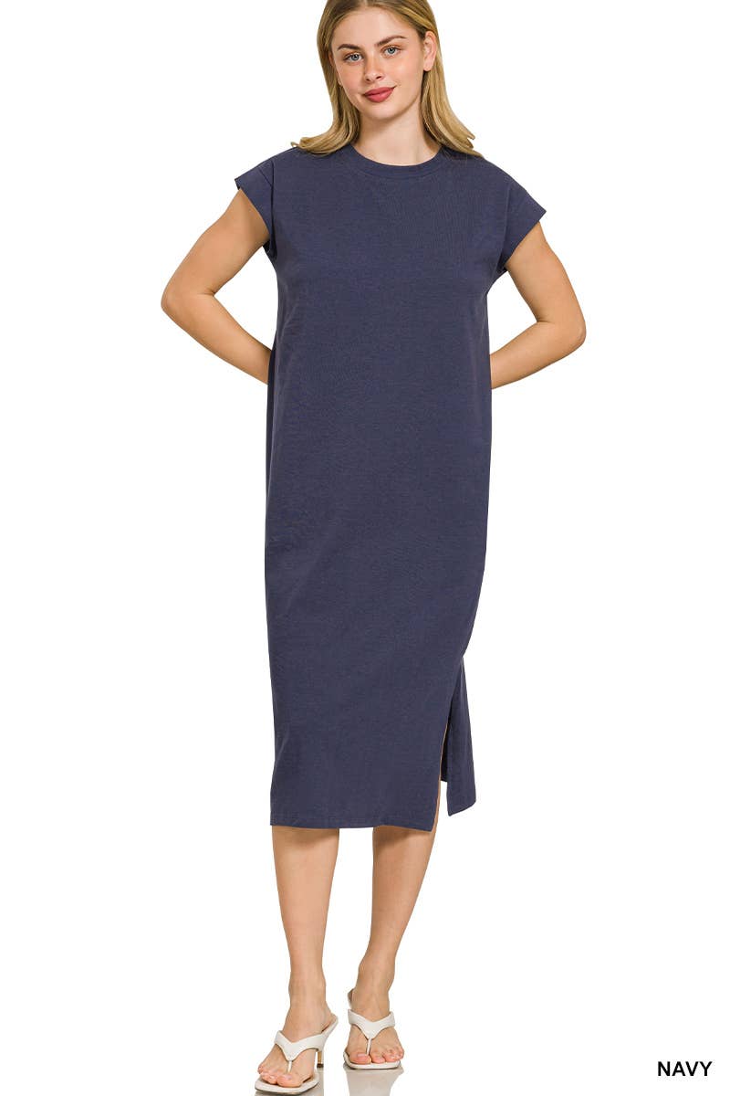 Round Neck Short Sleeve Midi Dress With Side Slit, Modest Women’s Boutique Style - The Sensory