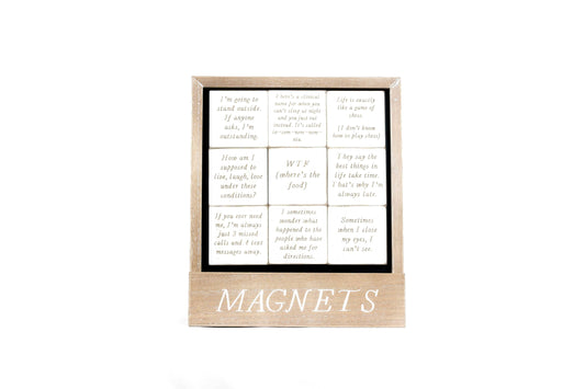 Magnet Set Wood Engraved With Funny Inspirational Quotes White And Brown