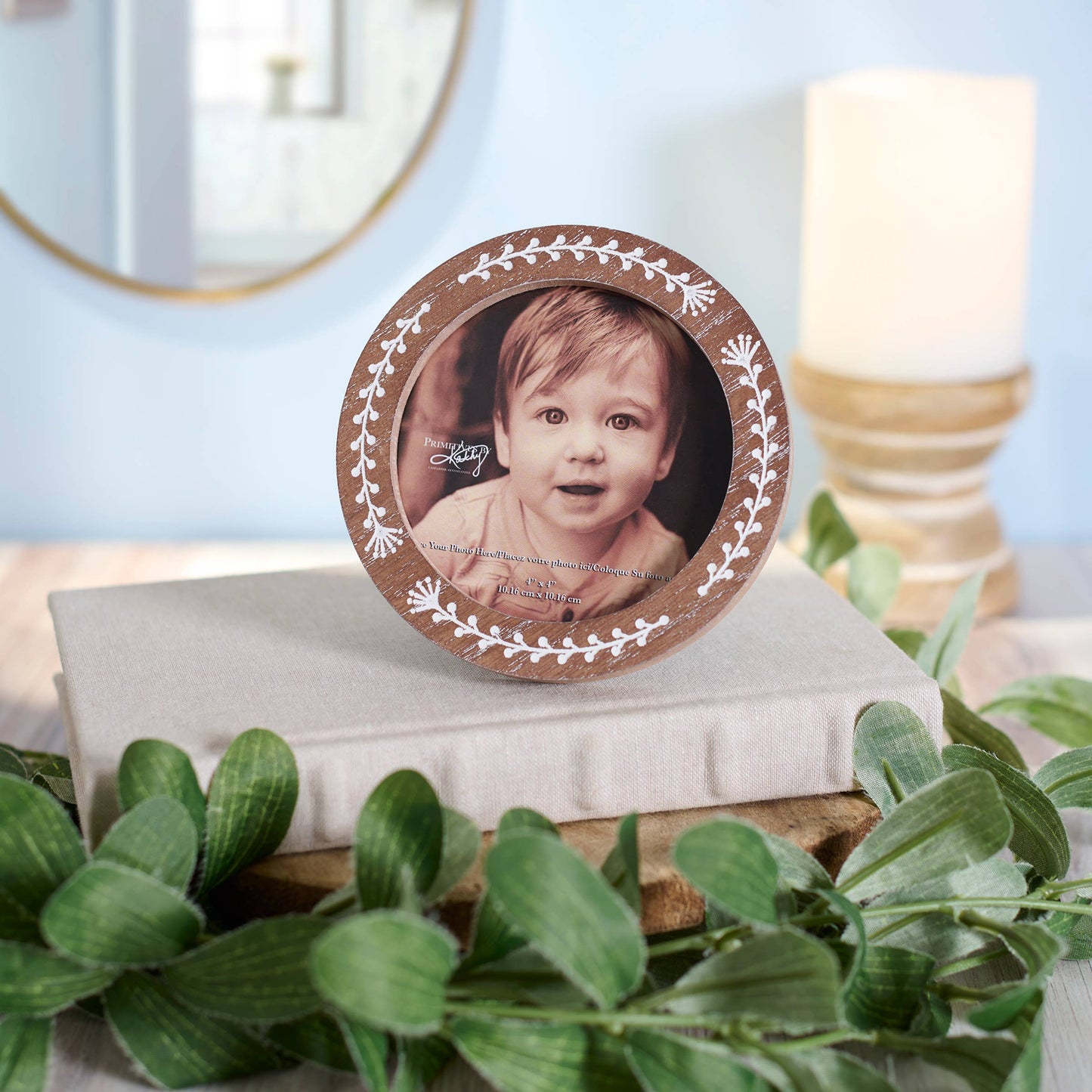 Round Wood Photo Frame - Garden Collection, Debossed Vine Design, Cream Accents