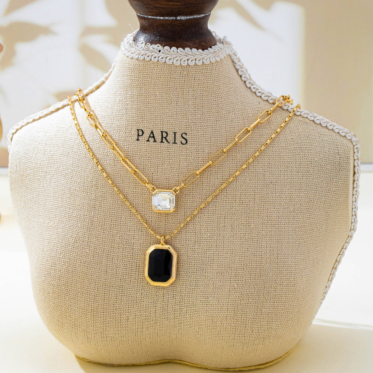 Layered Paperclip Chain Double Gemstone Necklace | 80N93798