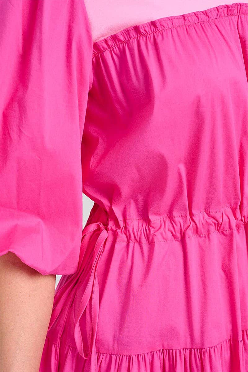 Midi Dress With Puff Sleeves Colorblock Adjustable Waist Modest Fashion - The Sensory