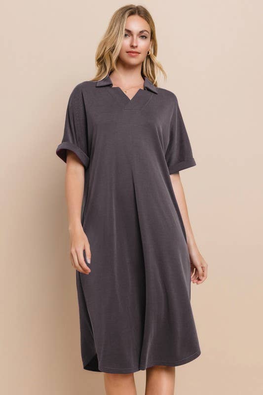 Plus Size Modest Modal Pique Knit Midi Dress With V Neck Collar - The Sensory