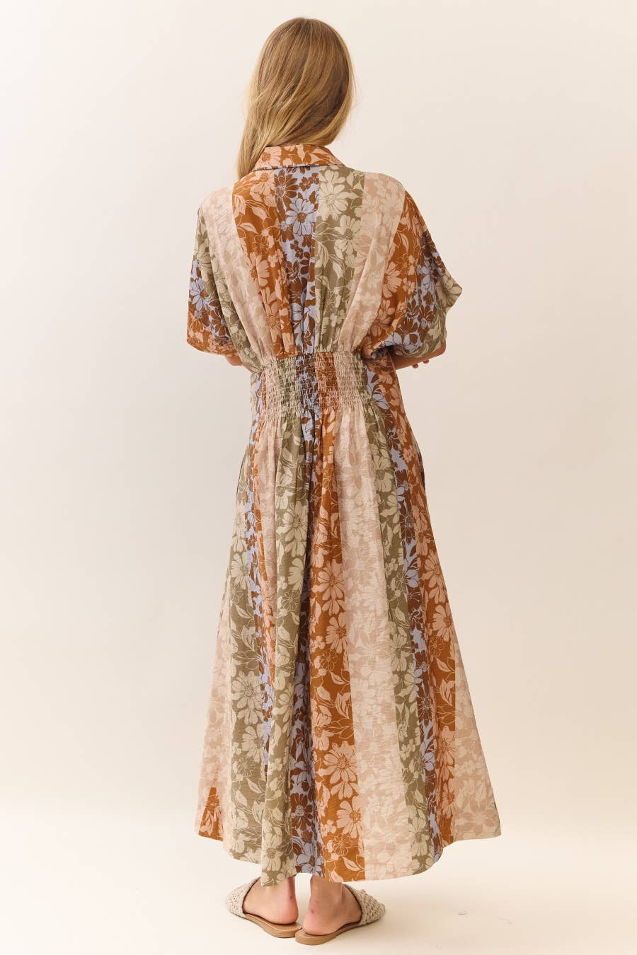 Midi Dress Modest Mixed Floral Print With Button Front Collar Relaxed Fit - The Sensory
