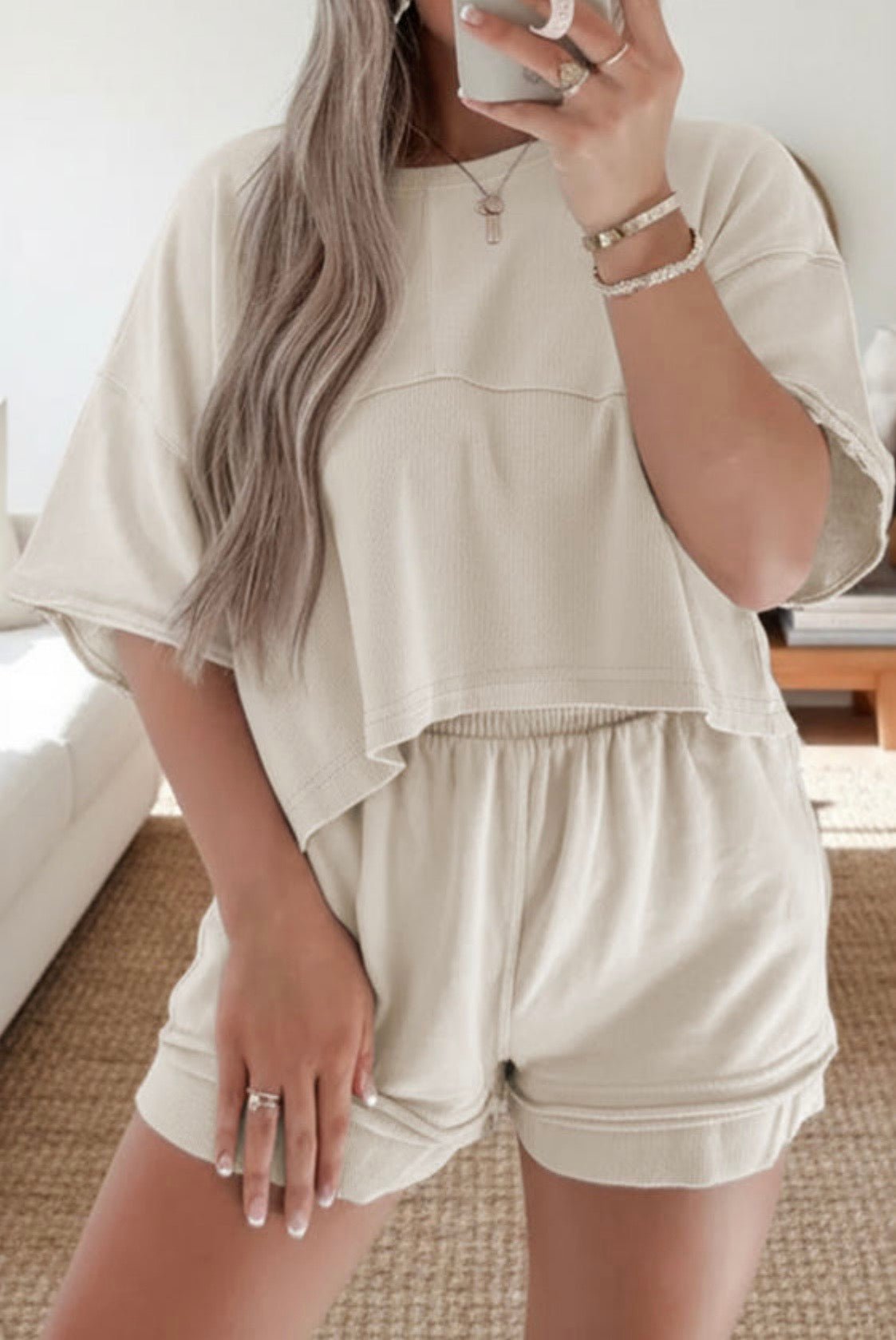 Two-Piece Short Set – Cream Raw-Edge, Relaxed Cotton-Blend, Southern Boutique - The Sensory