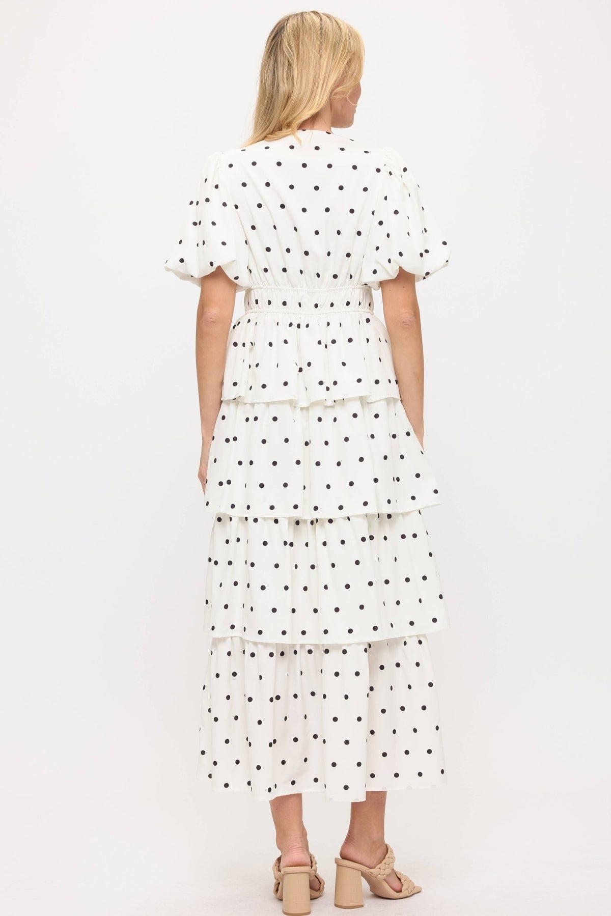 Polka Dot Ruffled V-Neck Puff Sleeves- Dainty Lady - The Sensory