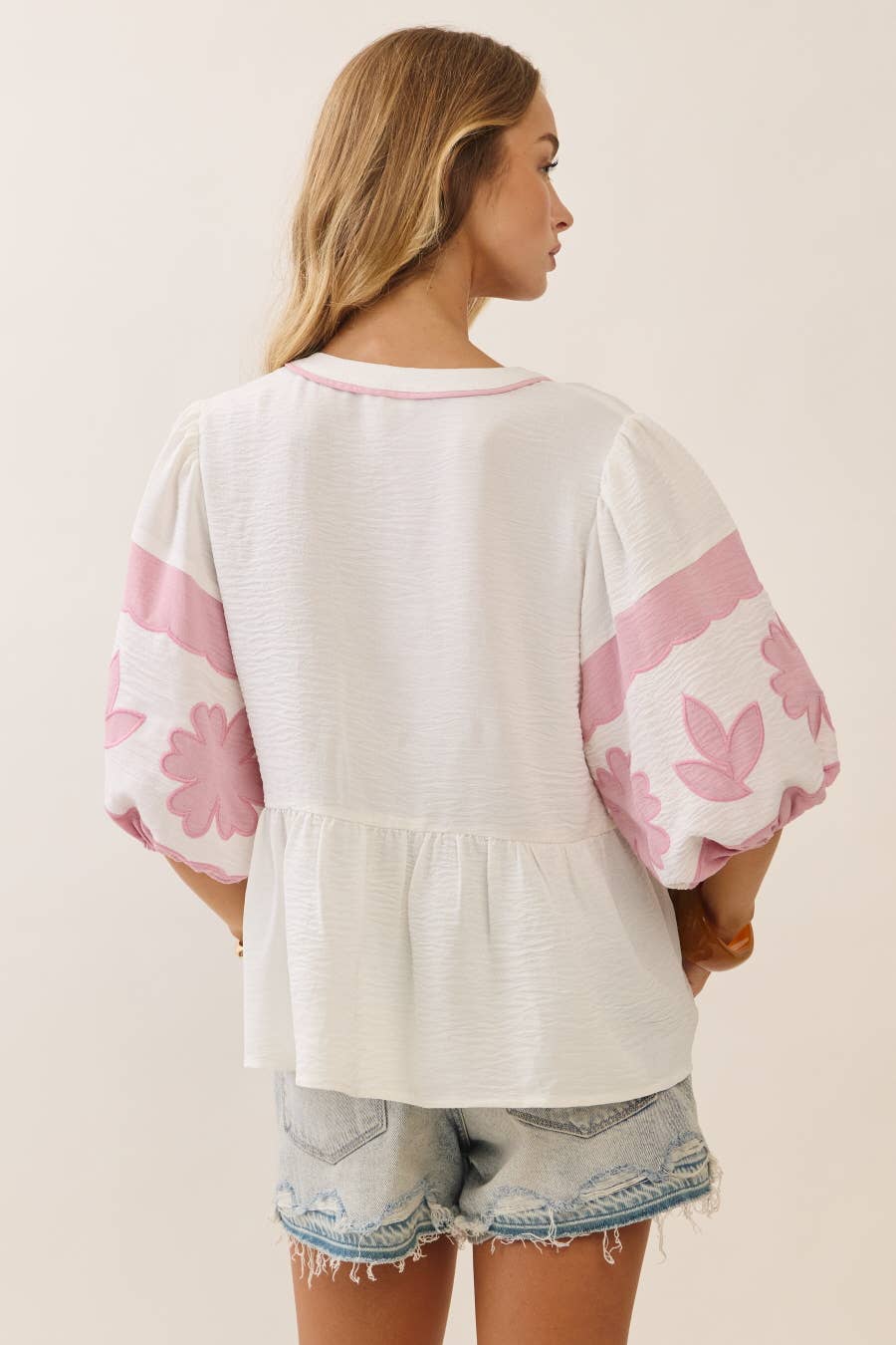 Peplum Blouse With Embroidered Puffed Sleeves- Pink & Ivory - The Sensory