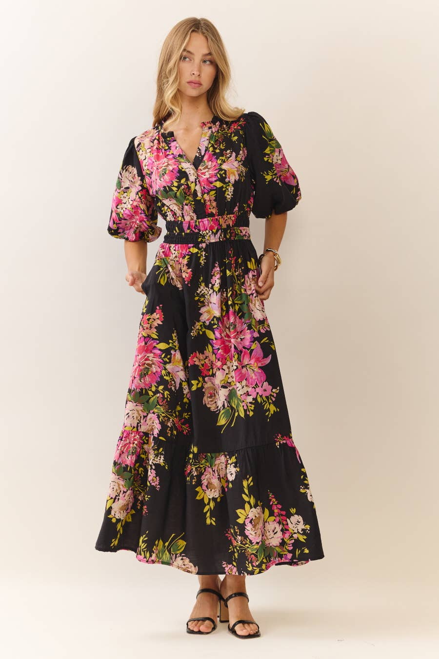 Black Multi Floral V-Neck Midi Dress with Tiered Hem - The Sensory
