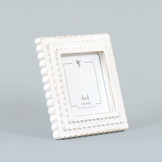 White Wood Scallop Edge Photo Frame With Easel Back Holds 4x4 Photo