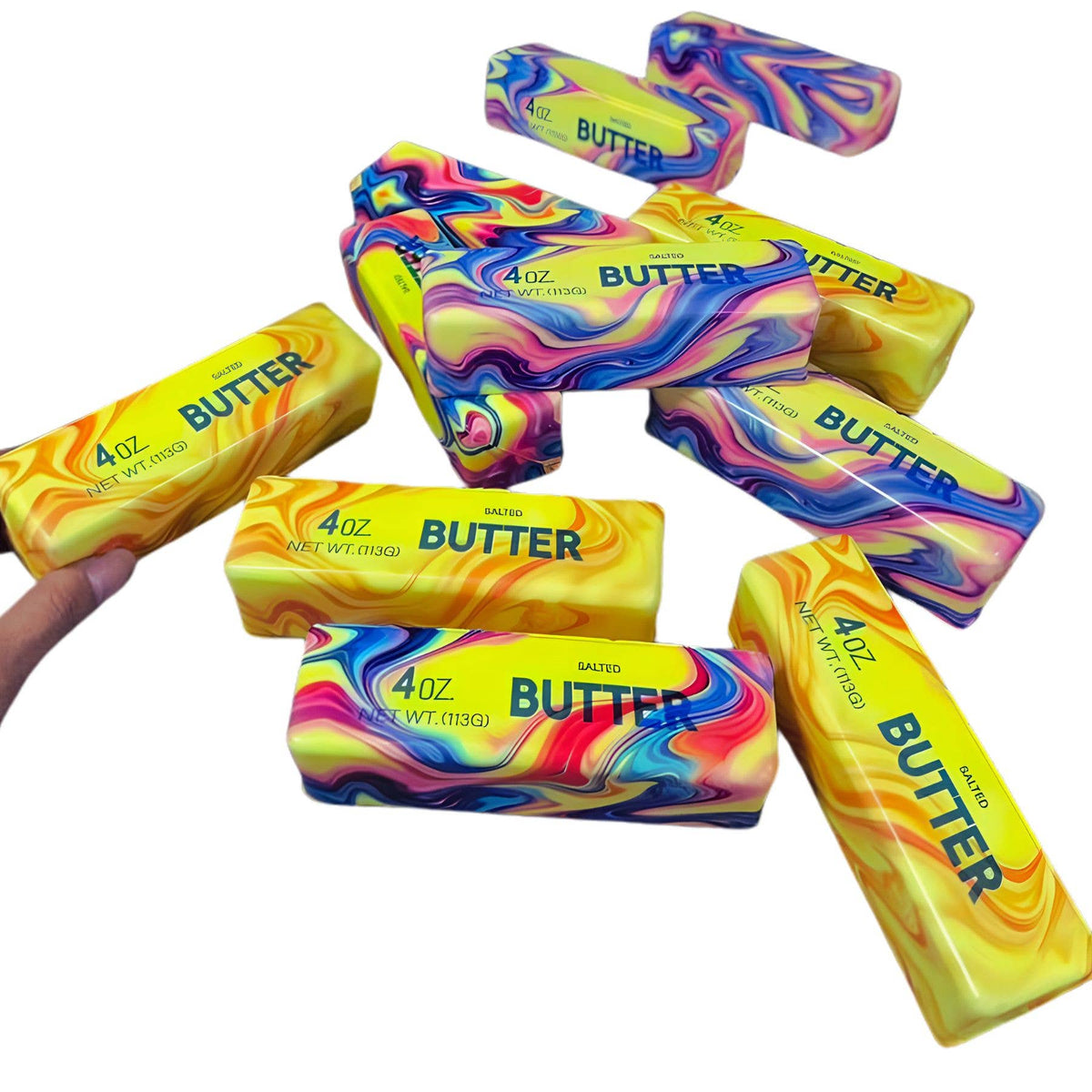 Tie-dye butter squishy in wrapper