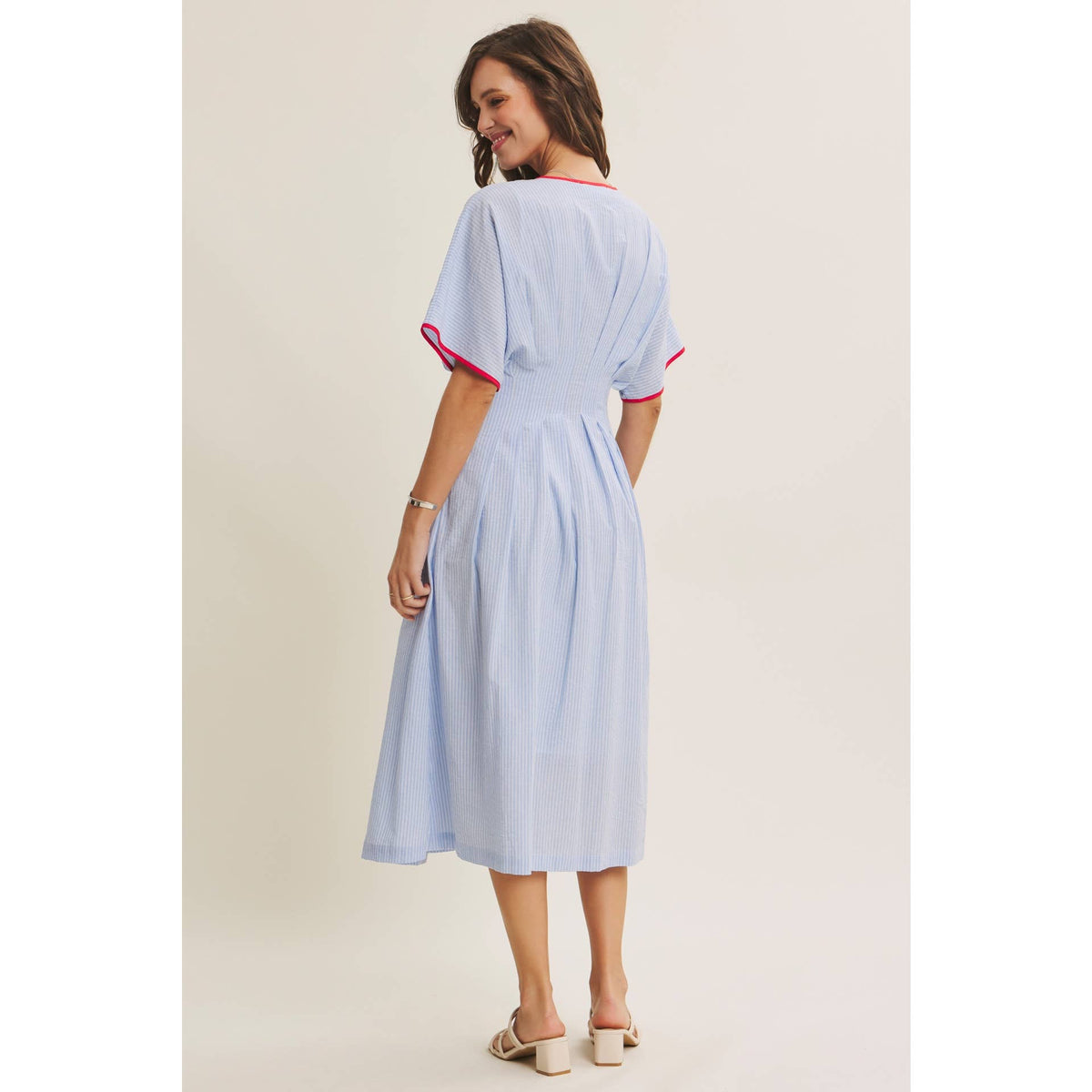 Midi Dress With Pleated Stripe Button Down Tie Modest Fashion Easter - The Sensory
