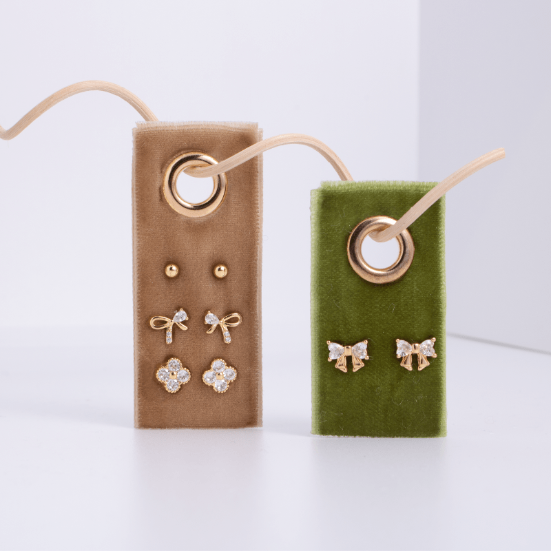 Stud Earrings With Bow Detail Cubic Zirconia On Velvet Gift Tag 18K Gold Plated - The Sensory