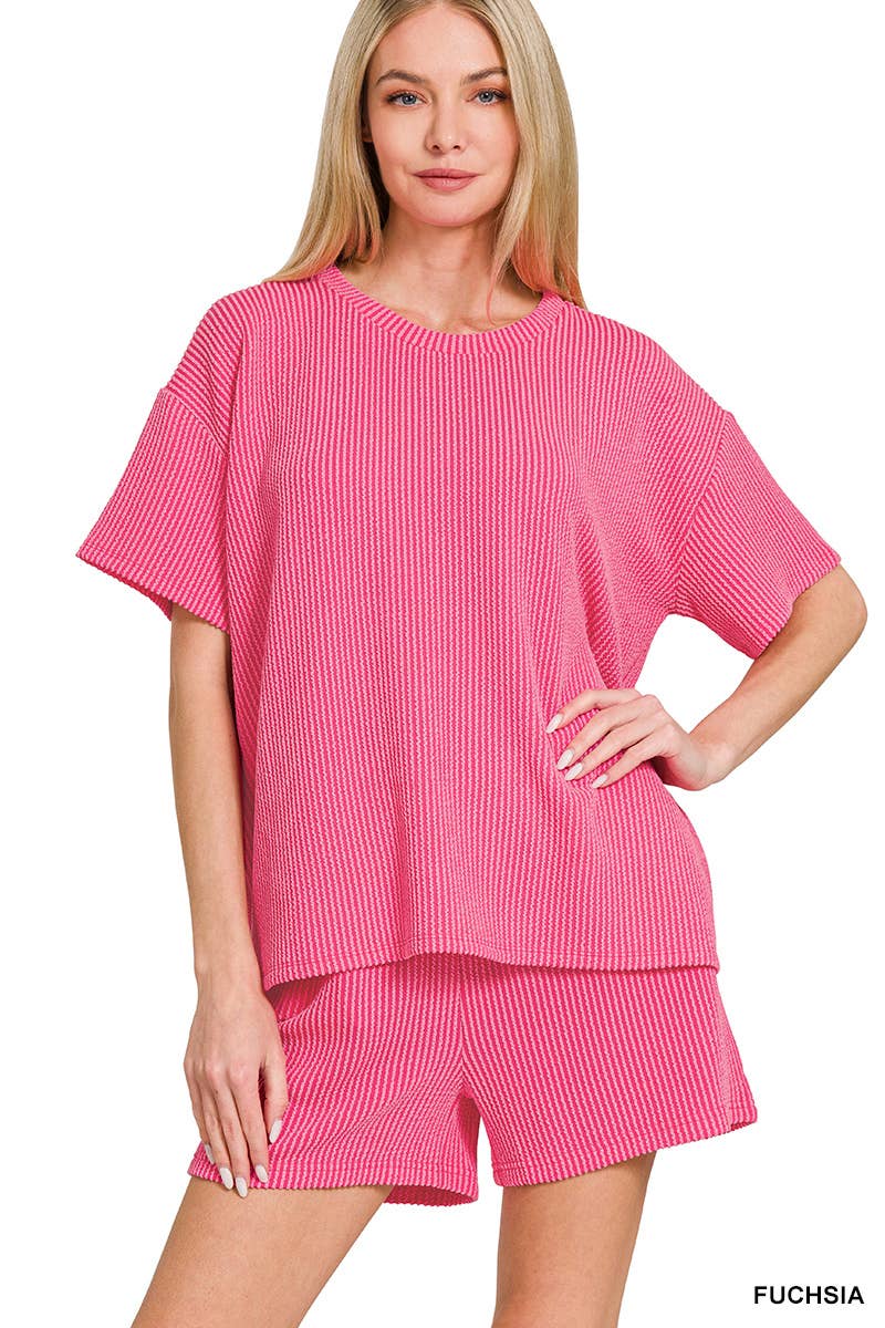 Corded Rib Tee And Drawstring Shorts Set For Women - The Sensory