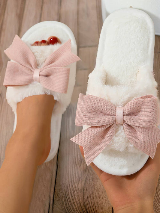 Slippers The Sensory Bow Knot Decor Plush Open-Toe White Faith-Based