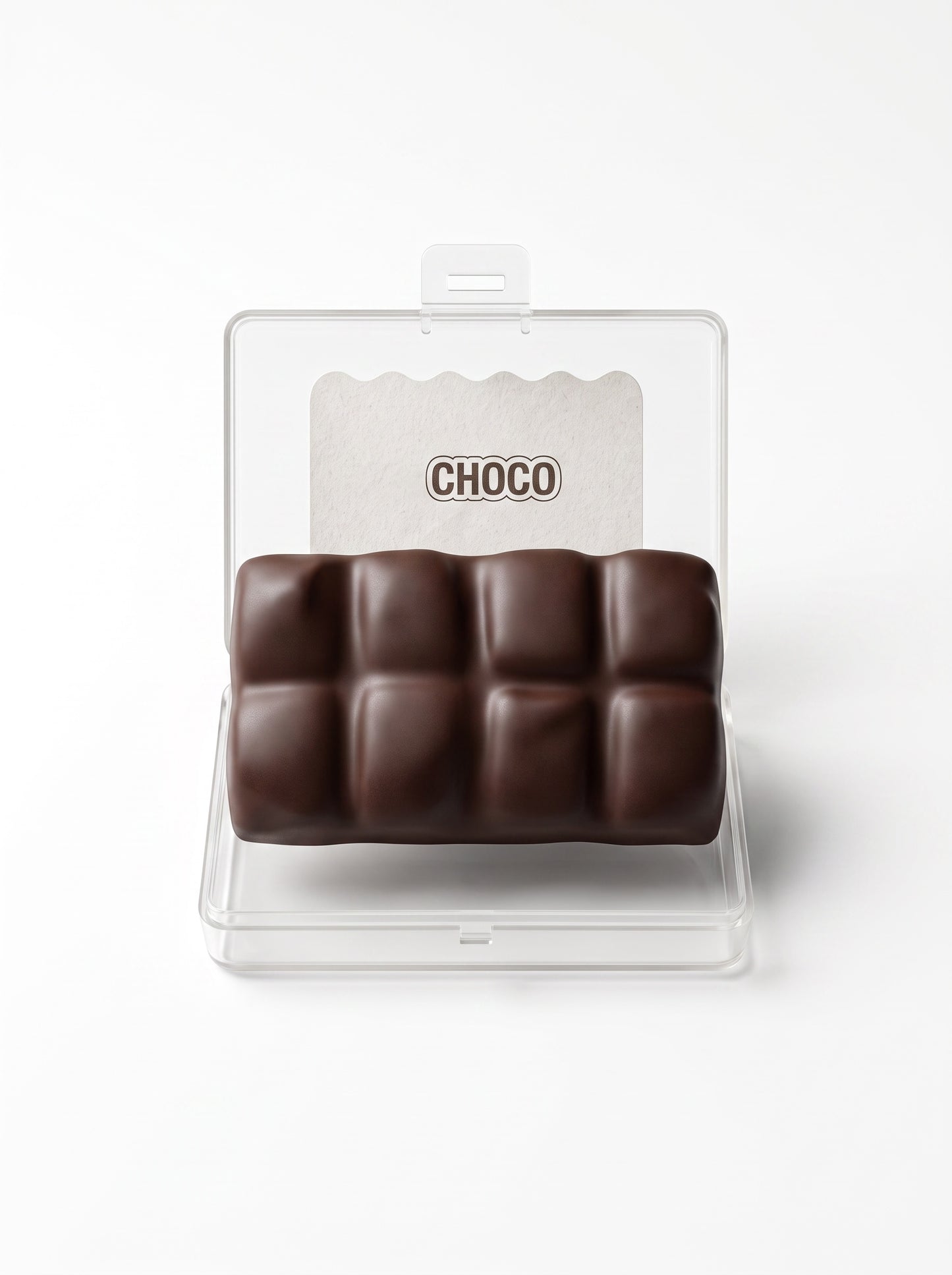 Le Sage May dark chocolate bar squishy toy in a clear plastic storage case on a white background.