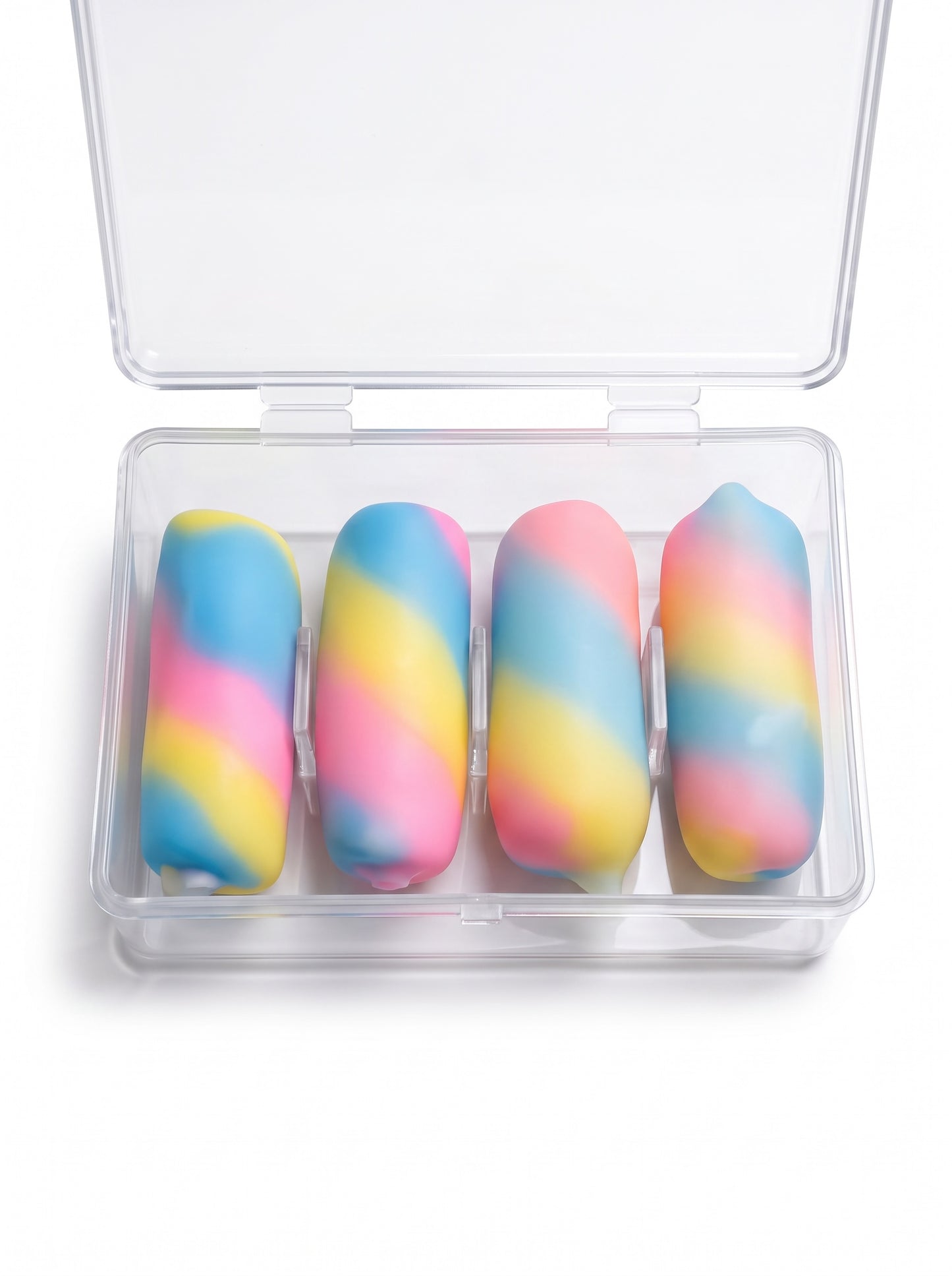 Le Sage May Crackle Fluff sensory toy set featuring four pastel pink, blue, and yellow squishy fidgets in a case.