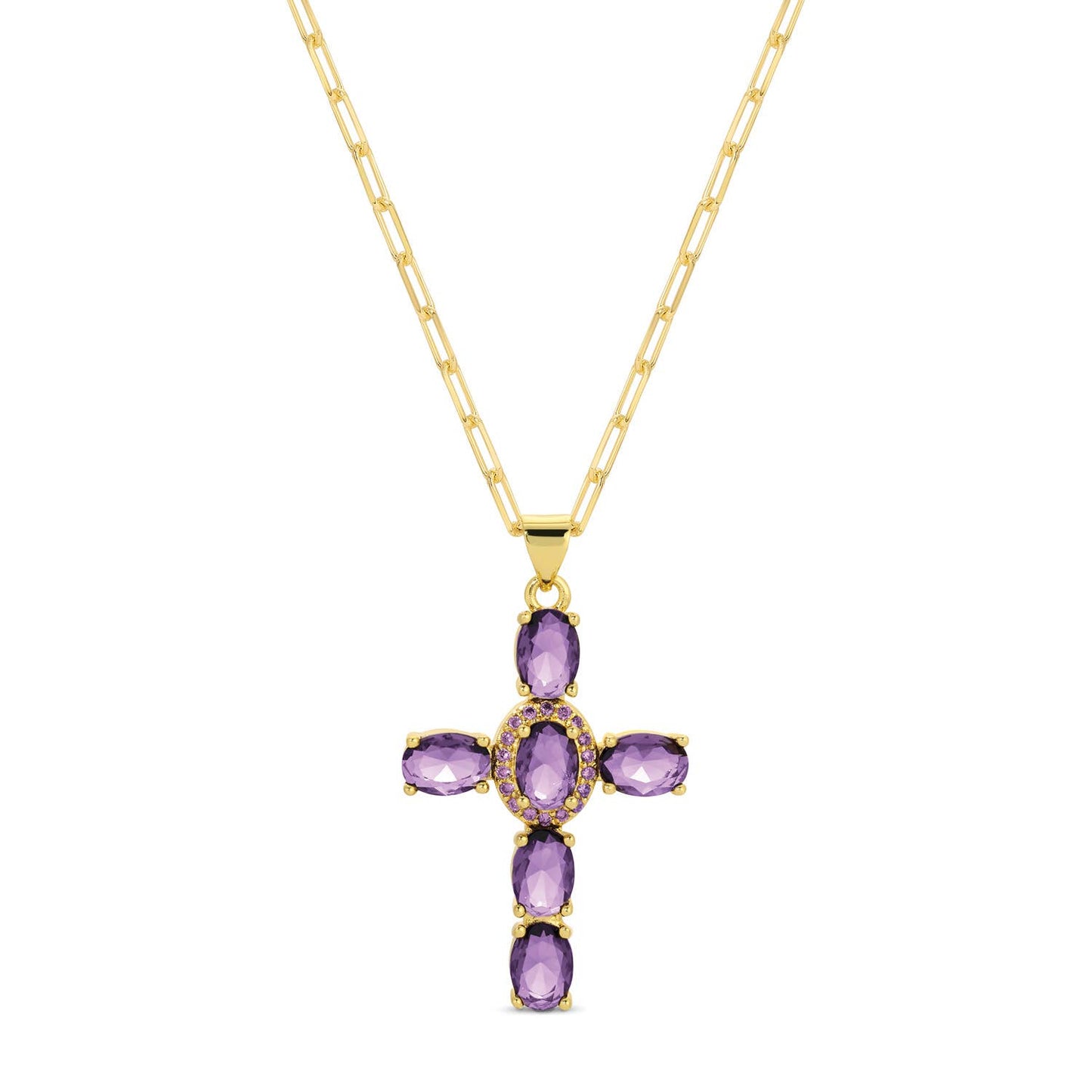 Cross Pendant Necklace With Paperclip Chain – Crystal CZ Pave Center