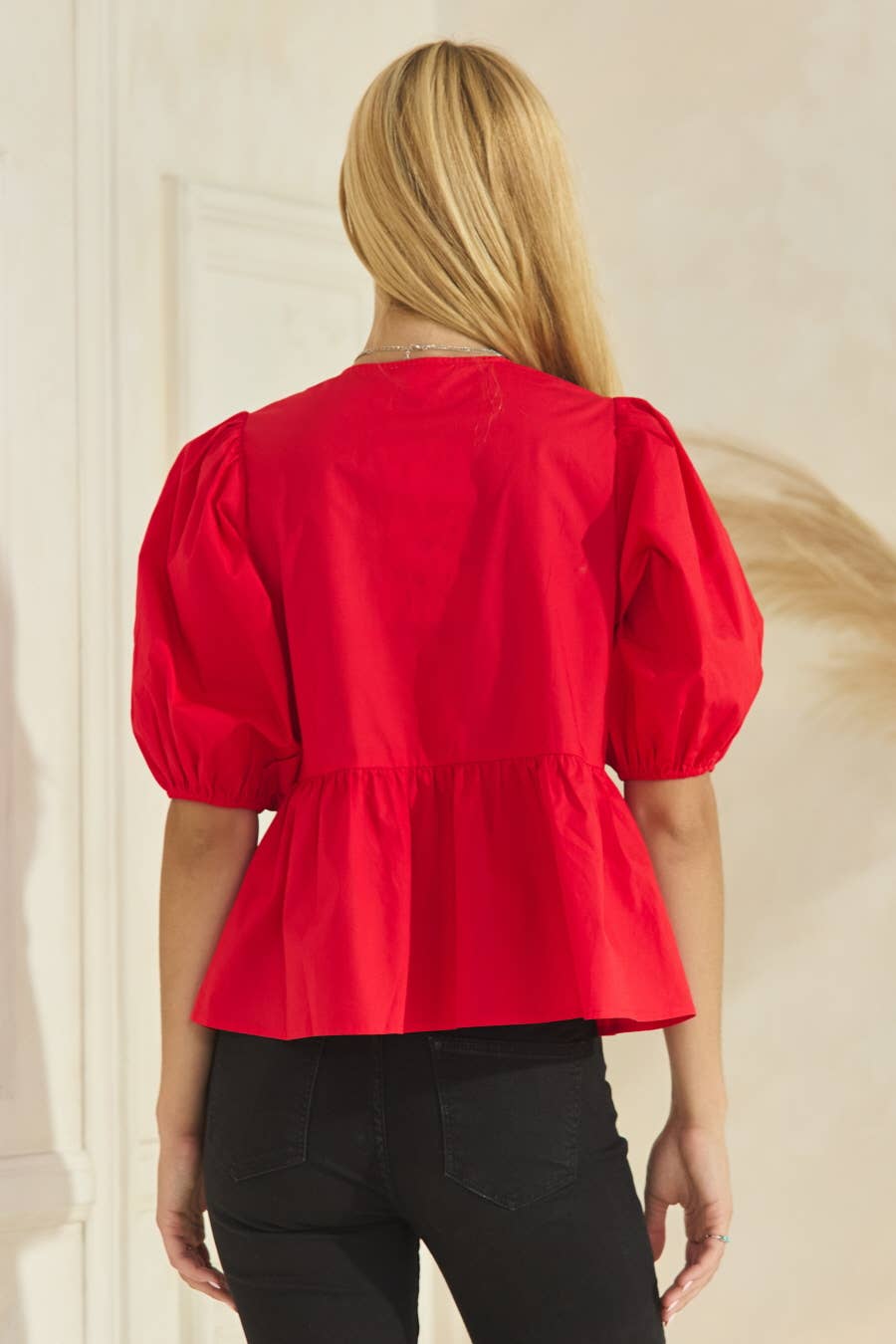 Poplin Front Tie Ribbon Peplum, Modest Puff Sleeve