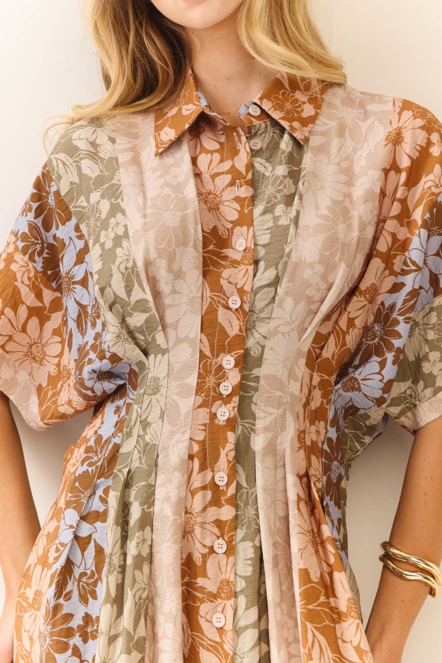 Midi Dress Modest Mixed Floral Print With Button Front Collar Relaxed Fit
