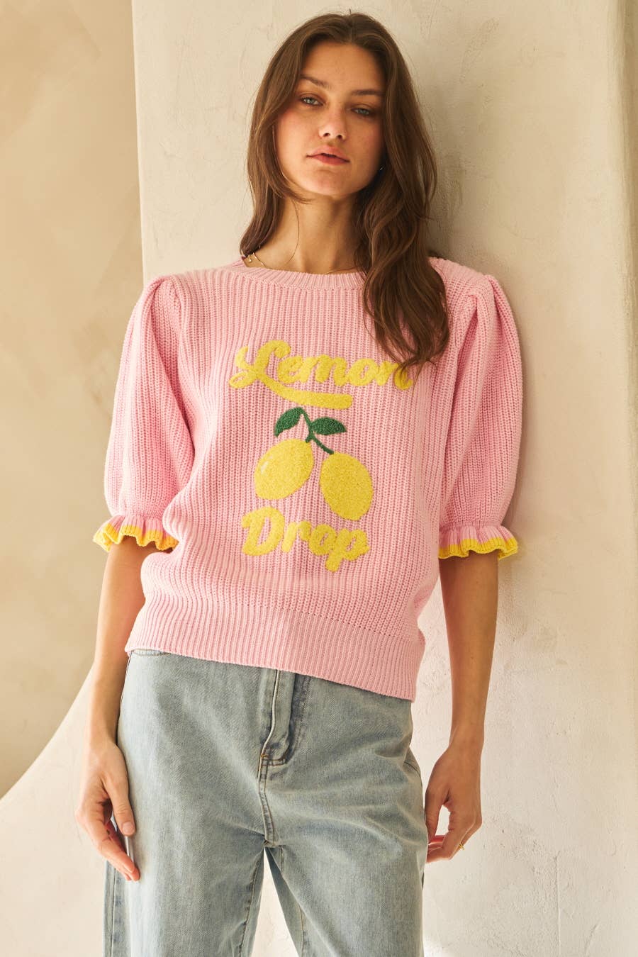 Sweet Lemon Drop Graphic Knit Short Puffy Sleeve Faith Based Modest Fashion