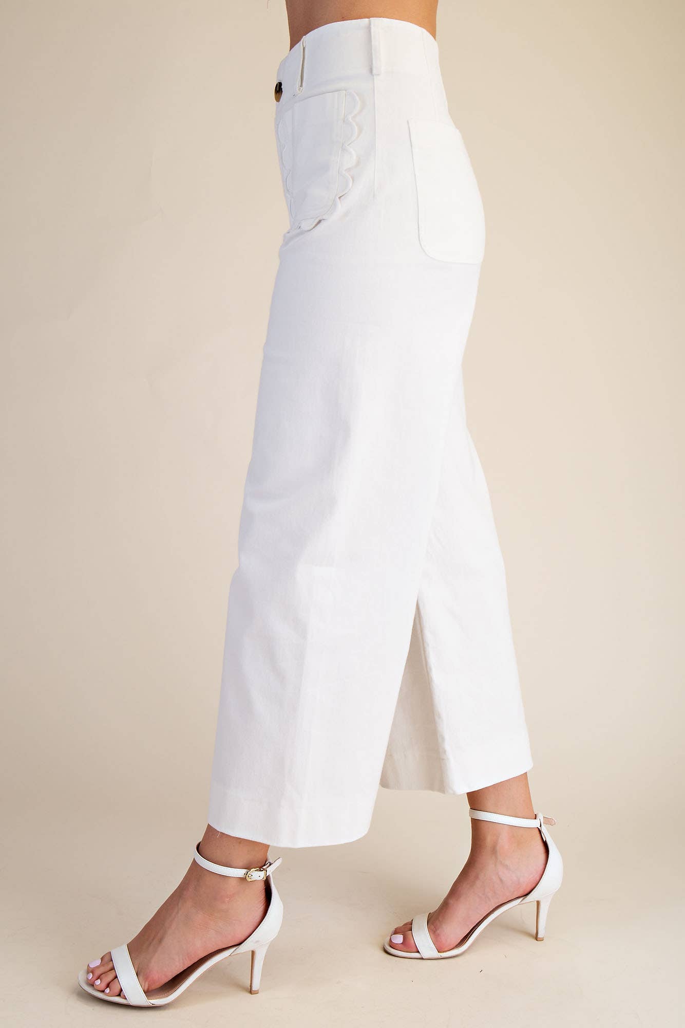 Pants Wide-Leg Cropped With Scalloped Pocket Detail Cotton Blend
