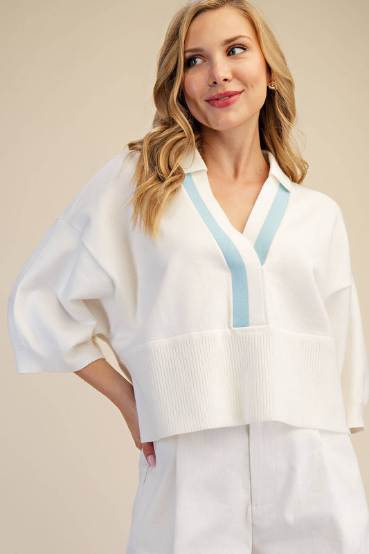 Springs Sweater With Collar And Blue Contrast Trim For Modest Look Loose Fit Dropped Shoulder