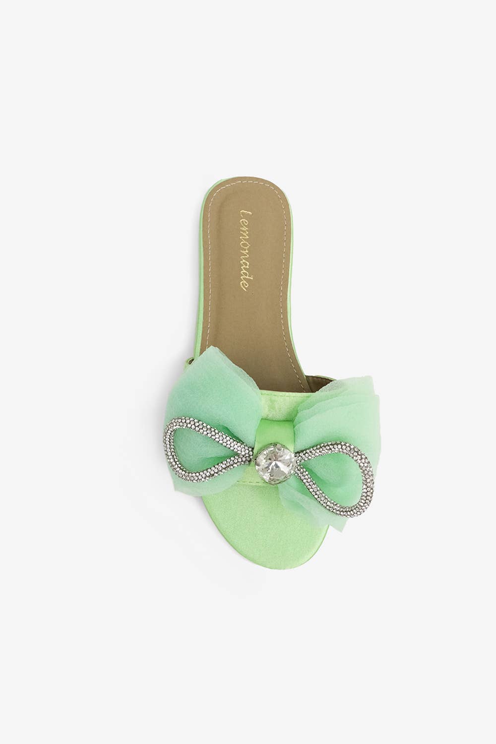 Spring Green/ Bow Accent Sandals with Rhinestones- Slip On/ Flat