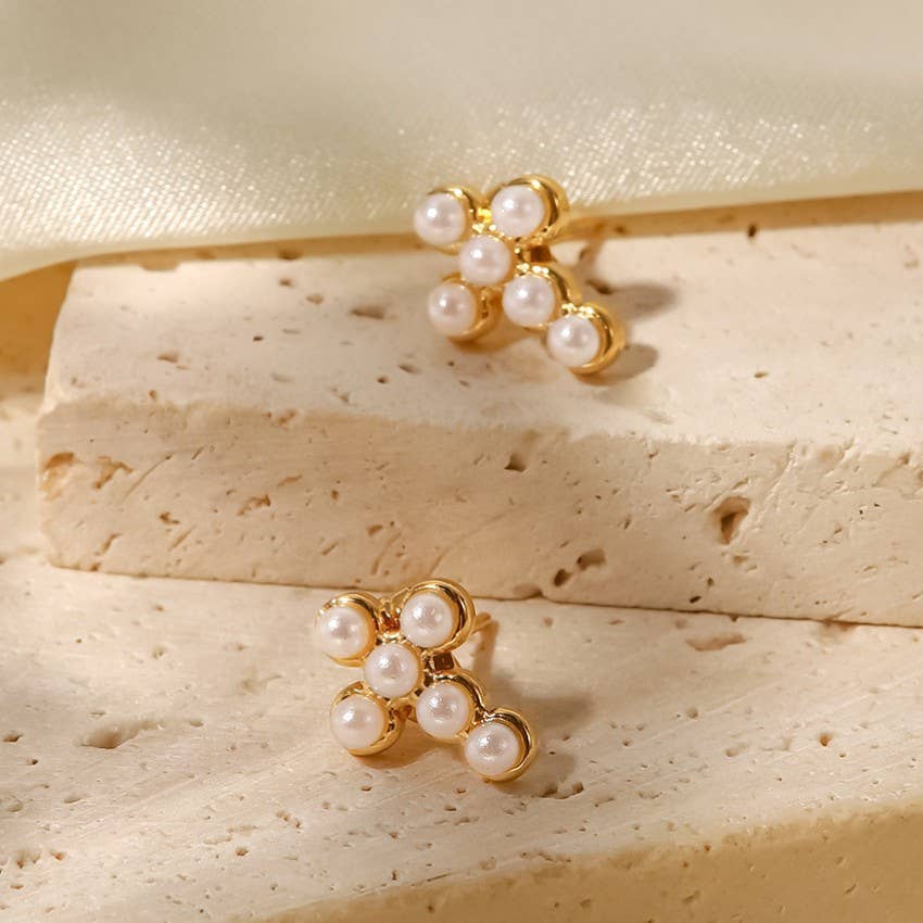 Cross Stud Earrings Set Faith Based Tarnish Resistant 18K Gold Plated CZ Pearl